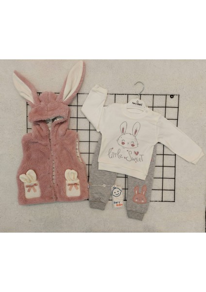 Mulyoso Butiq Rabbit Welsoftlu 3'lü Kapşonlu Pudra Kız Bebek Takım