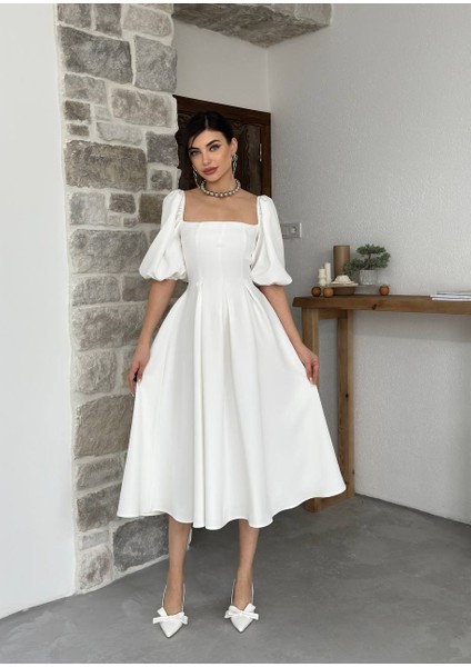Çan Etekli Midi Boy Kısa Kollu Elbise