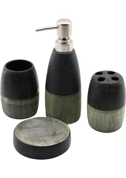 4 Pcs Antrasit Gri - Kremseramik Banyo Temizlik Seti Sıvı - Katı Sabunluk - Diş Fırçalık - Macunluk (4887)