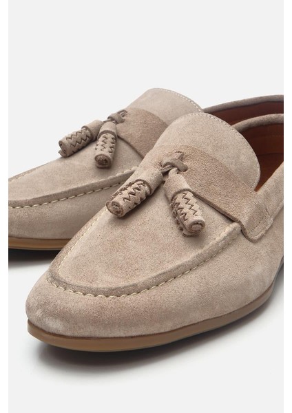 Erkek Süet Deri Bej Püskül Detaylı Klasik Loafer