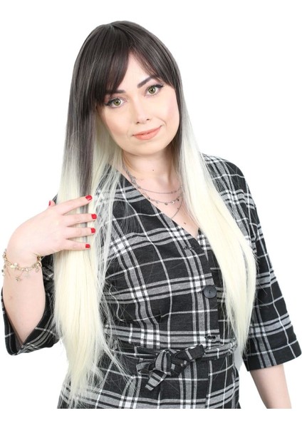 Fiber Sentetik Uzun Düz Kahküllü Peruk - Küllü Siyah / Platin Ombreli