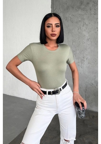 Rahat ve Şık Kısa Kollu Bisiklet Yaka Likralı Viskon Penye Body Bebe Haki modelleri