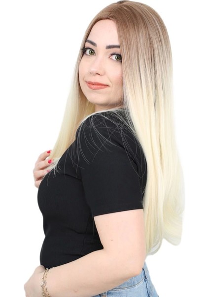 Fiber Sentetik Uzun Düz Peruk - Kumral / Platin Ombreli