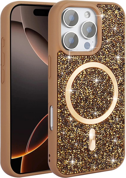 Iphone 16 Pro Max Uyumlu Kılıf Magsafe Destekli Işıltılı Simli Parlak Dökülmez Taşlı Lüks Kapak