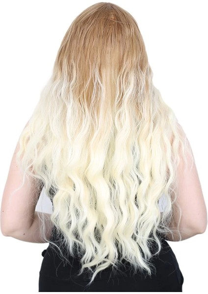 Su Dalgası Uzun Perçemsiz Fiber Sentetik Peruk - Balköpüğü / Platin Orta Ombreli fırsatları