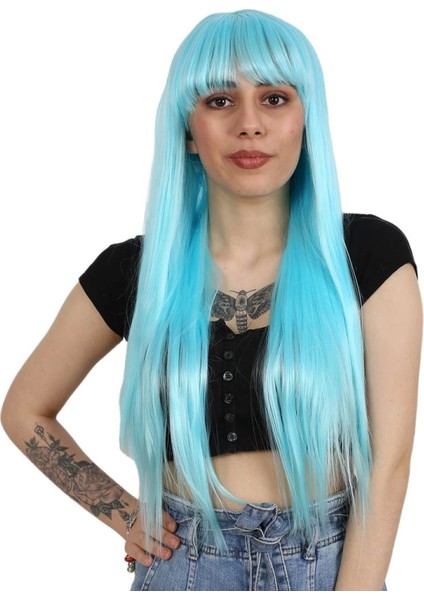 Uzun Kahküllü Fiber Sentetik Peruk - Bebek Mavisi