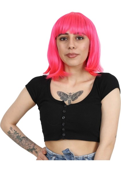 Küt Kahküllü Fiber Sentetik Peruk - Neon Pembe
