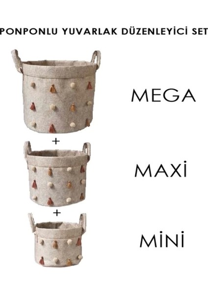 Katlanabilir Çok Amaçlı Ponponlu Yuvarlak Düzenleyici Saklama Kutusu Organizer Keçe (Maxi Boy) - 03778