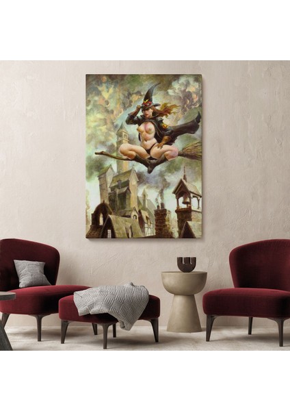 Çıplak Cadı Süpürgeye Biniyor, Cadılar Bayramı Gotik Sanatı, Kanvas TABLO-5288