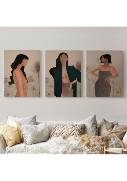 Yüzsüz Soyut Kandınlar Dekoratif Duvar Tablosu Üçlü Set-Dş-96