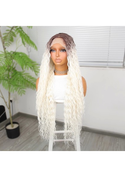 Afro Dalga Kumral Beyaz Platin Ombre Fiber Sentetik Tül Peruk
