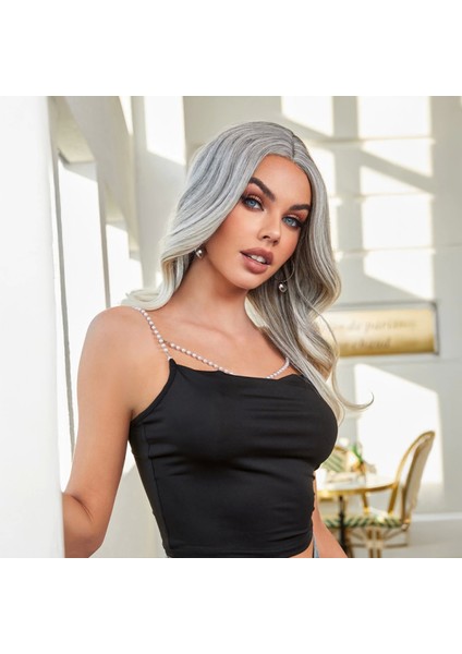 Siyah Beyaz Platin Ombre ve Röfleli Tül Peruk