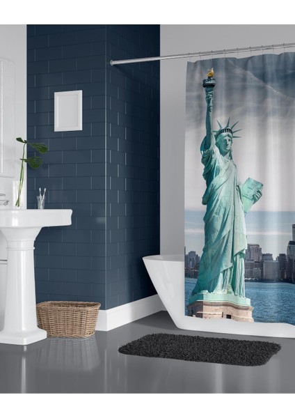 Banyo Perdesi 1X180X200 Tek Kanat Duş Perdesi Halka Hediyeli Duşakabin Perdesi New York