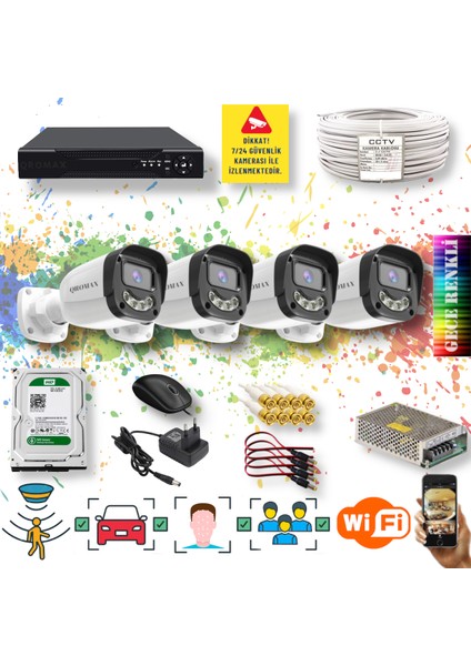 4 Kameralı Set - Yapay Zeka Özellikli Gece Renkli Gösteren 5MP SONY Lensli 4 Ultra Warm Ledli FULLHD Güvenlik Kamerası Seti 2304W-104