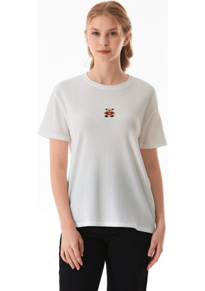 Ayıcık Nakışlı Bürümcük Kumaş Oversize Tişört