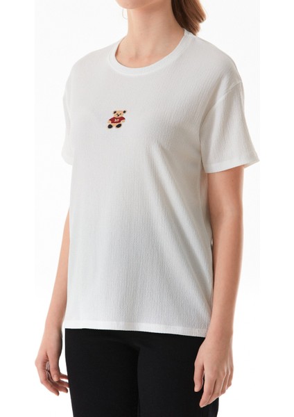 Ayıcık Nakışlı Bürümcük Kumaş Oversize Tişört indirimleri