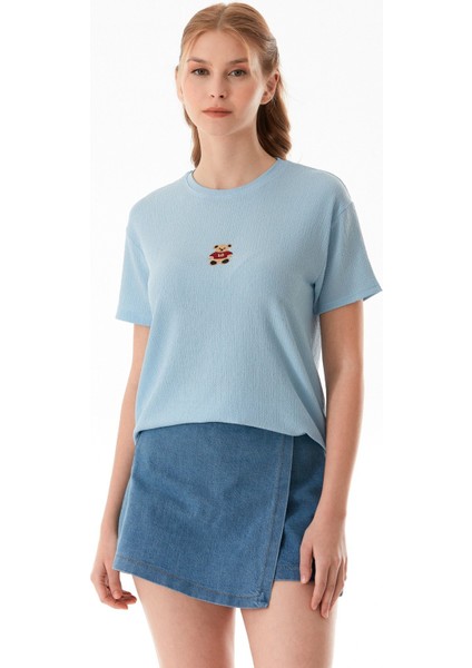 Ayıcık Nakışlı Bürümcük Kumaş Oversize Tişört
