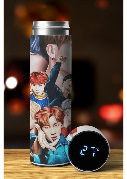 Kpop Bts Özel Tasarım Sıcaklık Göstergeli Dijital Led Paslanmaz Çelik Termos 450 Ml