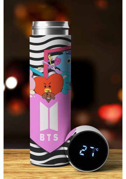 Kpop Bts Özel Tasarım Sıcaklık Göstergeli Dijital Led Paslanmaz Çelik Termos 450 Ml