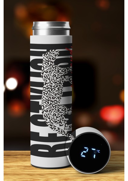 Leopar Özel Tasarım Sıcaklık Göstergeli Dijital Led Paslanmaz Çelik Termos 450 Ml