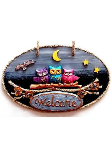 Renkli Baykuşlu Welcome Yazılı El Yapımı Kapı Süsü Tdrtr