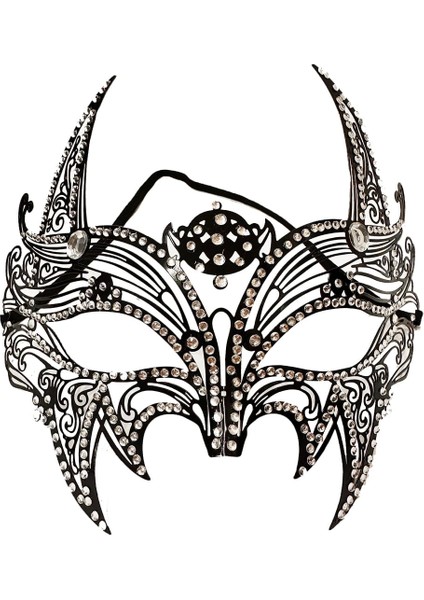 Siyah Renk Lazer Kesim Üzeri Kristal Taşlı Metal Lüks Maske Balo Parti (4887)