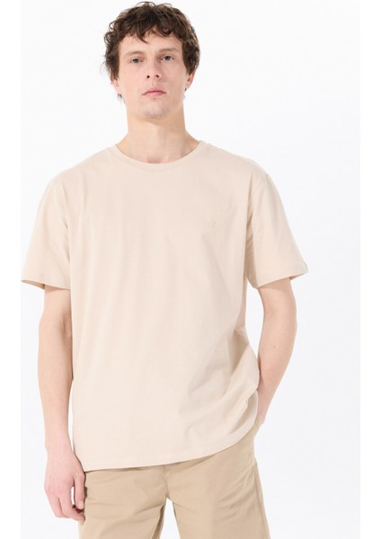 Bisiklet Yaka Baskılı Bej Erkek T-Shirt M5SM-TST1297
