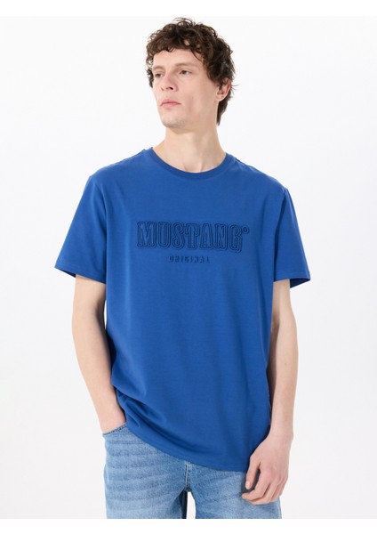 Bisiklet Yaka Baskılı Indigo Erkek T-Shirt M5SM-TST1288