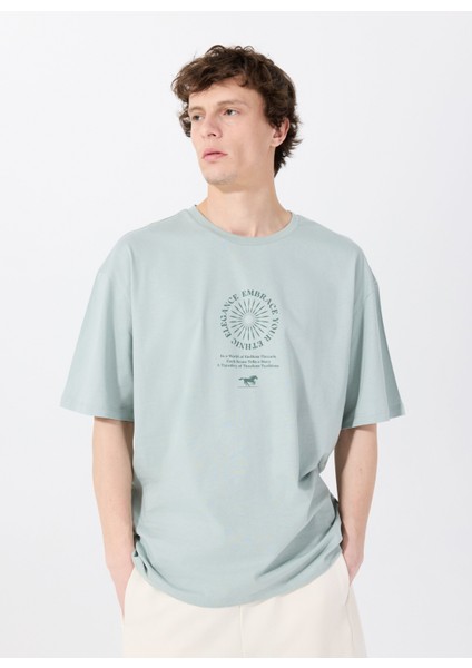 Bisiklet Yaka Baskılı Yeşil Erkek T-Shirt M5SM-TST1436