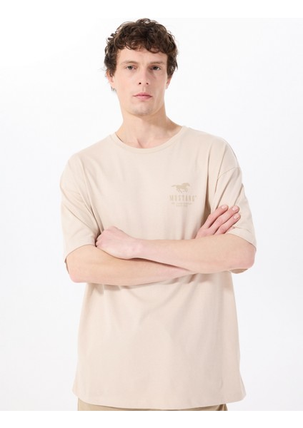 Bisiklet Yaka Baskılı Bej Erkek T-Shirt M5SM-TST1990