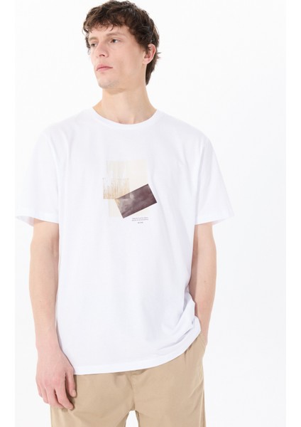 Bisiklet Yaka Baskılı Beyaz Erkek T-Shirt M5SM-TST1298