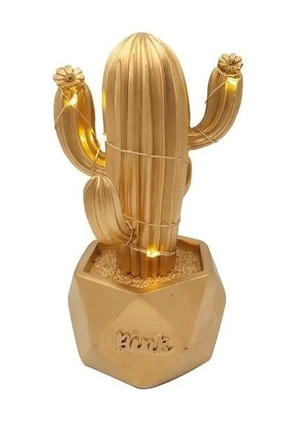LED Işıklı Sevimli Kaktüs Dekoratif Masa Lambası Mini Biblo Gece Lambası-Gold