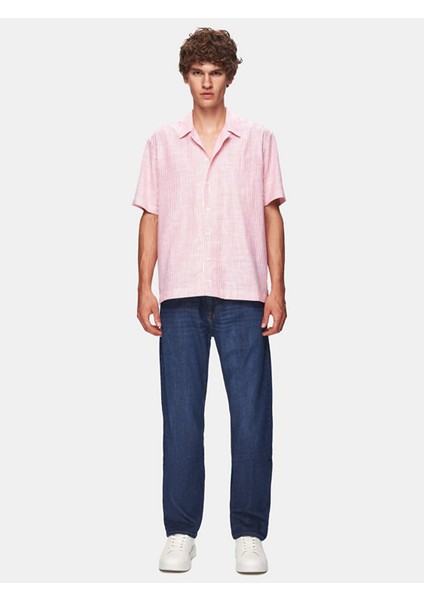 Erkek Çizgili Relaxed Kısa Kollu Pembe Gömlek