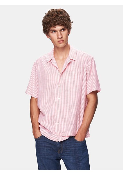 Erkek Çizgili Relaxed Kısa Kollu Pembe Gömlek fiyatları