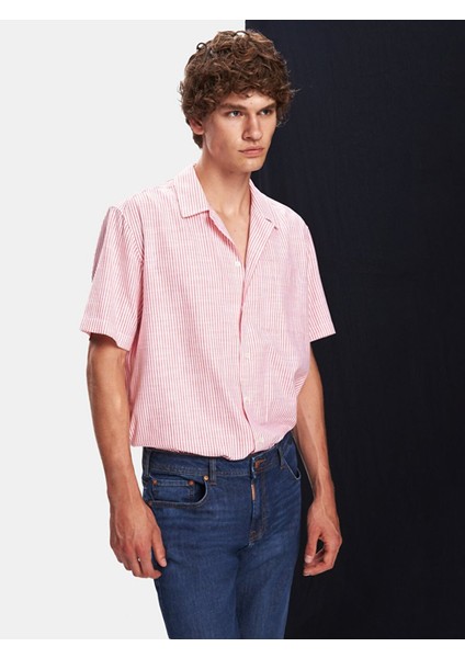 Erkek Çizgili Relaxed Kısa Kollu Pembe Gömlek indirimleri