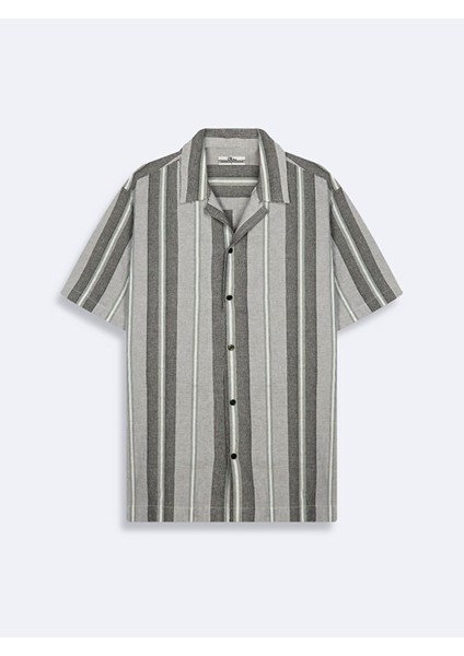 Erkek Keten Görünümlü Çizgili Relaxed Kısa Kollu Mavi Gömlek