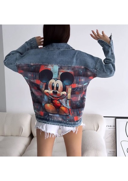 Mickey Mouse Baskılı Kürk Detaylı Kot Ceket