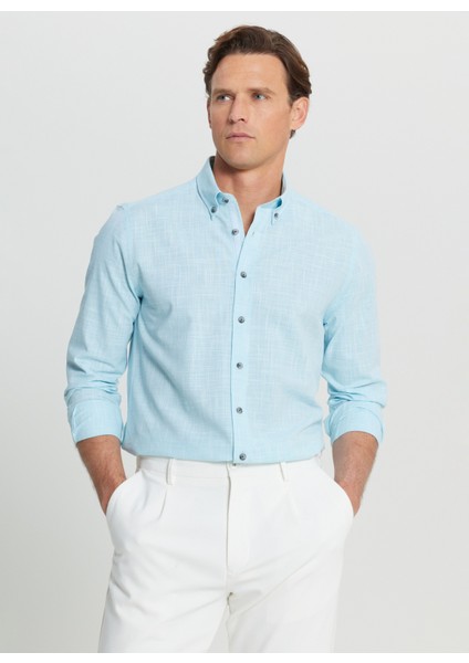 Slim Fit Düğmeli Yaka Turkuaz Erkek Gömlek ACE020252168_TRK