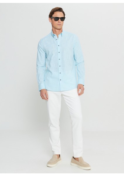Slim Fit Düğmeli Yaka Turkuaz Erkek Gömlek ACE020252168_TRK fiyatları