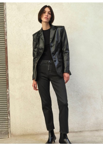 ISSA Slim Fit Yüksek Bel Kaplamalı Siyah Kadın Jean Pantolon