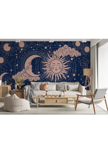 - Astroloji Retro Uzay Güneş Ay Bulut Duvar Duvar KAĞIDI-5535
