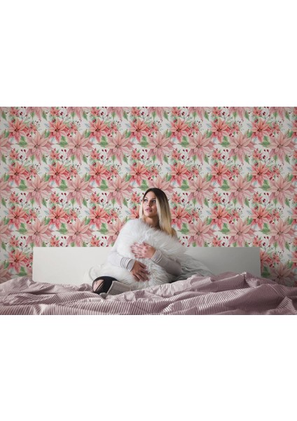 - Pembe Çiçek ve Yaprak Desenli Duvar KAĞIDI-5587
