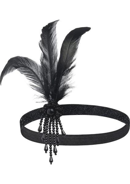 Siyah Boncuklu Sapık Saç Bandı 1920'LER Retro Gatsby Tek Parti Ladies Heavear Giyim Tüy Headbandmetal RenkH1208-D (Yurt Dışından)