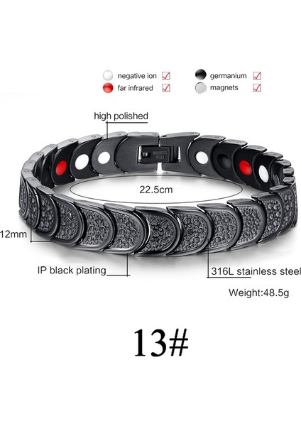 No.13 Boyutu Kadın Erkek Manyetik Sağlık Bilekliği Siyah Titanyum Çelik Güç Terapi Mıknatıslar Negatif Iyonlar Germanium Bilezikler (Yurt Dışından)