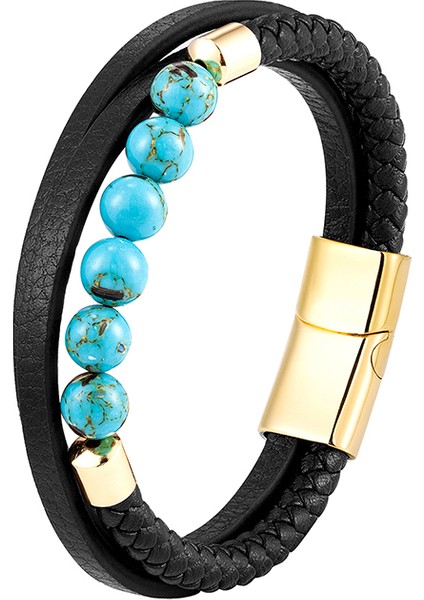 Renk Stili BXGM1045-16 2021 Trendy Cinsiyetsiz Enerji Bilekliği Doğal Volkanik Taş Kaplan Gözü Taşı Akik Taşı Turkuaz Örgü Deri Kordonlu 3 Katmanlı Bilezik (Yurt Dışından)