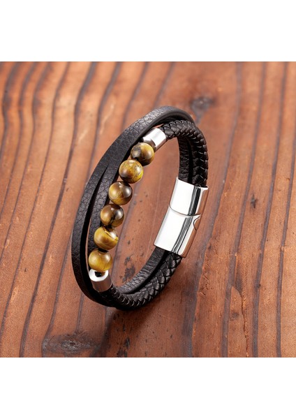 Renk Stili BXGM1045-16 2021 Trendy Cinsiyetsiz Enerji Bilekliği Doğal Volkanik Taş Kaplan Gözü Taşı Akik Taşı Turkuaz Örgü Deri Kordonlu 3 Katmanlı Bilezik (Yurt Dışından)