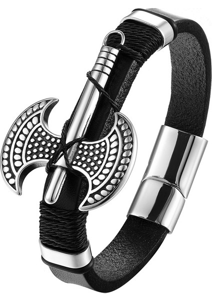 21CM Tarzı BXG019 Moda Erkek Gerçek Deri Bileklik Çok Katmanlı Gümüş Altın Renk Siyah Balta Paslanmaz Çelik Bileklik ve Bilezikler Erkek Parti Hediyeleri (Yurt Dışından)