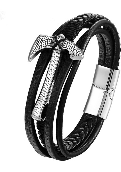 21CM Tarzı BXG019 Moda Erkek Gerçek Deri Bileklik Çok Katmanlı Gümüş Altın Renk Siyah Balta Paslanmaz Çelik Bileklik ve Bilezikler Erkek Parti Hediyeleri (Yurt Dışından) modelleri