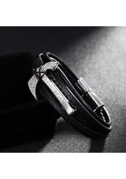 21CM Tarzı BXG019 Moda Erkek Gerçek Deri Bileklik Çok Katmanlı Gümüş Altın Renk Siyah Balta Paslanmaz Çelik Bileklik ve Bilezikler Erkek Parti Hediyeleri (Yurt Dışından) indirimleri