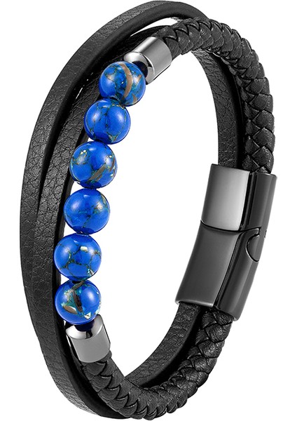 Renk Stili BXGM1045-23 2021 Trendy Cinsiyetsiz Enerji Bilekliği Doğal Volkanik Taş Kaplan Gözü Taşı Akik Taşı Turkuaz Örgü Deri Kordonlu 3 Katmanlı Bilezik (Yurt Dışından)